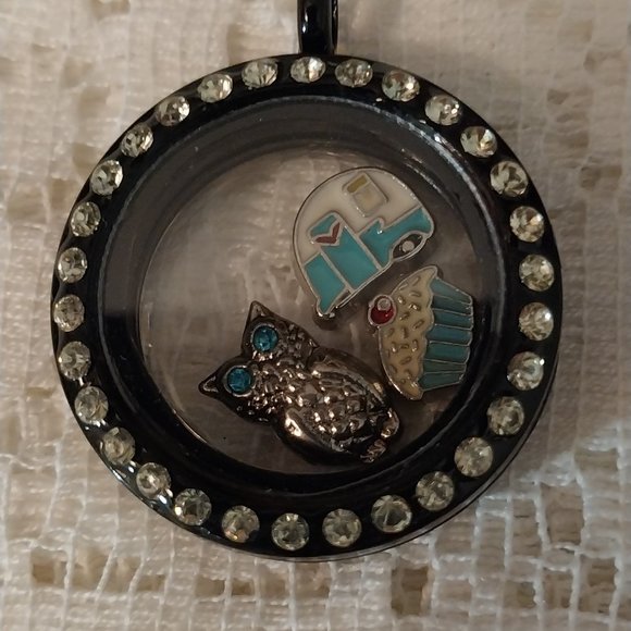 None Jewelry - 1780 Camper, Owl and Cupcake Theme Locket with Clear Stones and 10" Silver Tone